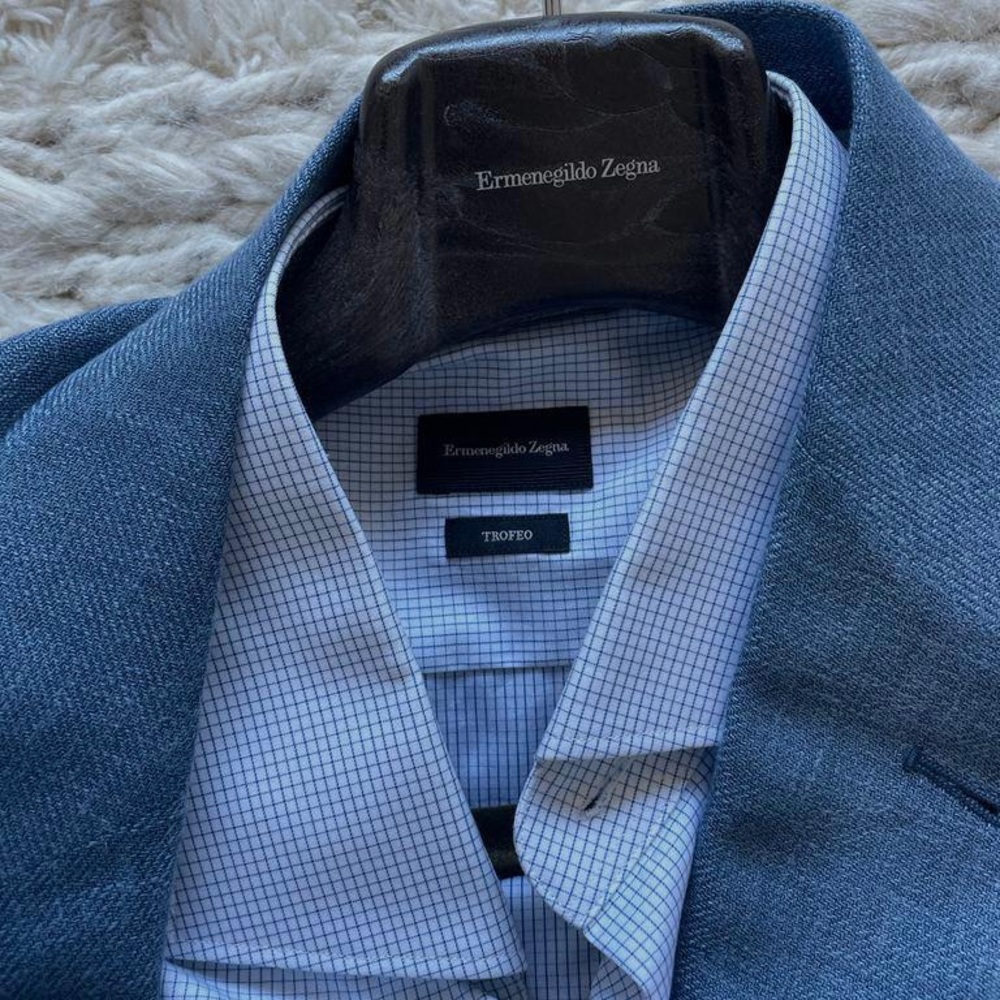 Ermenegildo Zegna denim blue jacket with a graph print button up shirt